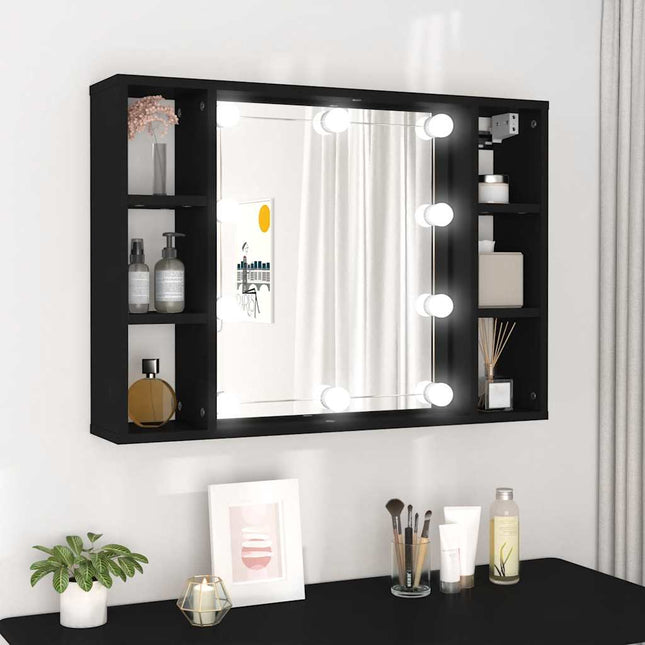spejlskab med LED-lys 76x15x55 cm sort