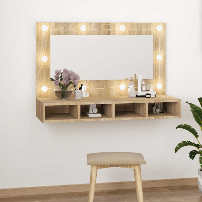 spejlskab med LED-lys 90x31,5x62 cm sonoma-eg