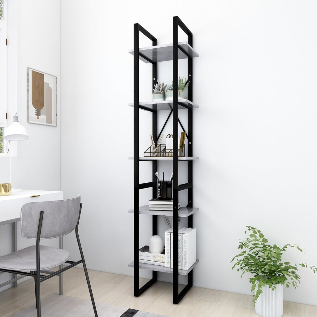 bogreol 5 hylder 40x30x175 cm konstrueret træ betongrå