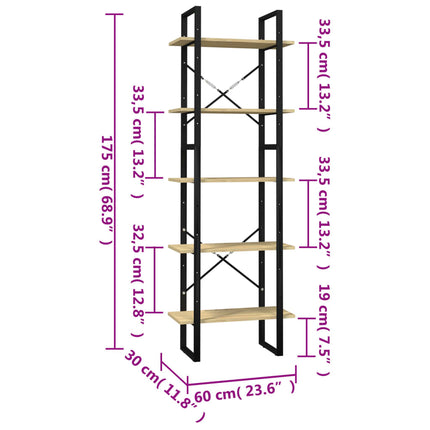 bogreol med 5 hylder 60x30x175 cm fyrretræ