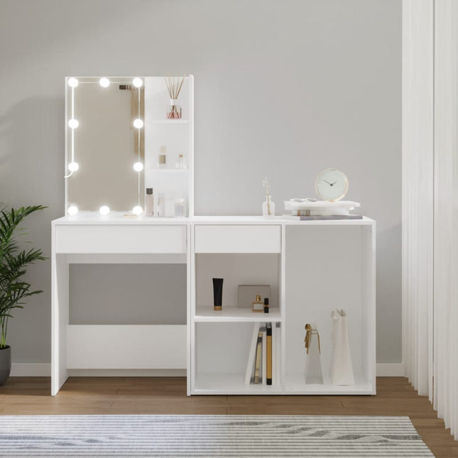 makeupbord med LED-lys og skab konstrueret træ hvid