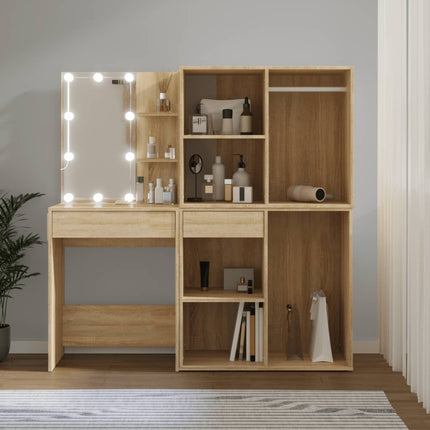 makeupbord med LED-lys og 2 skabe konstrueret træ sonoma-eg