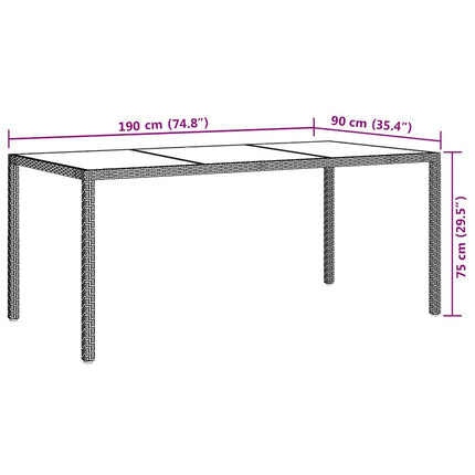 havebord 190x90x75 cm hærdet glas og polyrattan grå