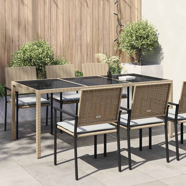 havebord 190x90x75 cm hærdet glas og polyrattan beige