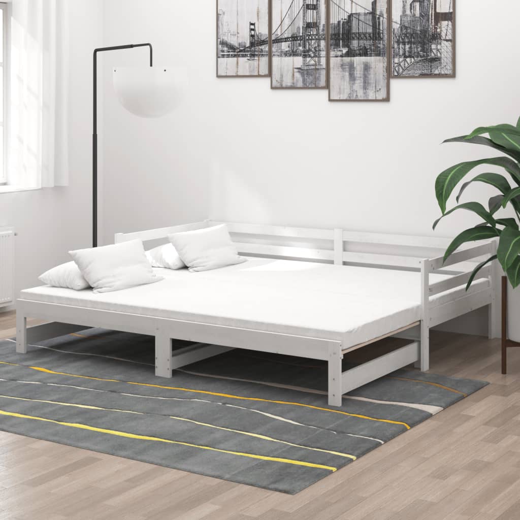 Daybed med udtræk 2×(90×200) cm - massivt fyrretræ, hvid inkl. 2 madrasser