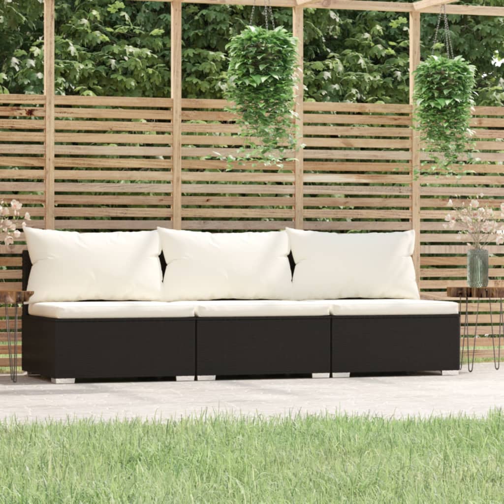 3-personers havesofa med hynder i polyrattan - sort/creme
