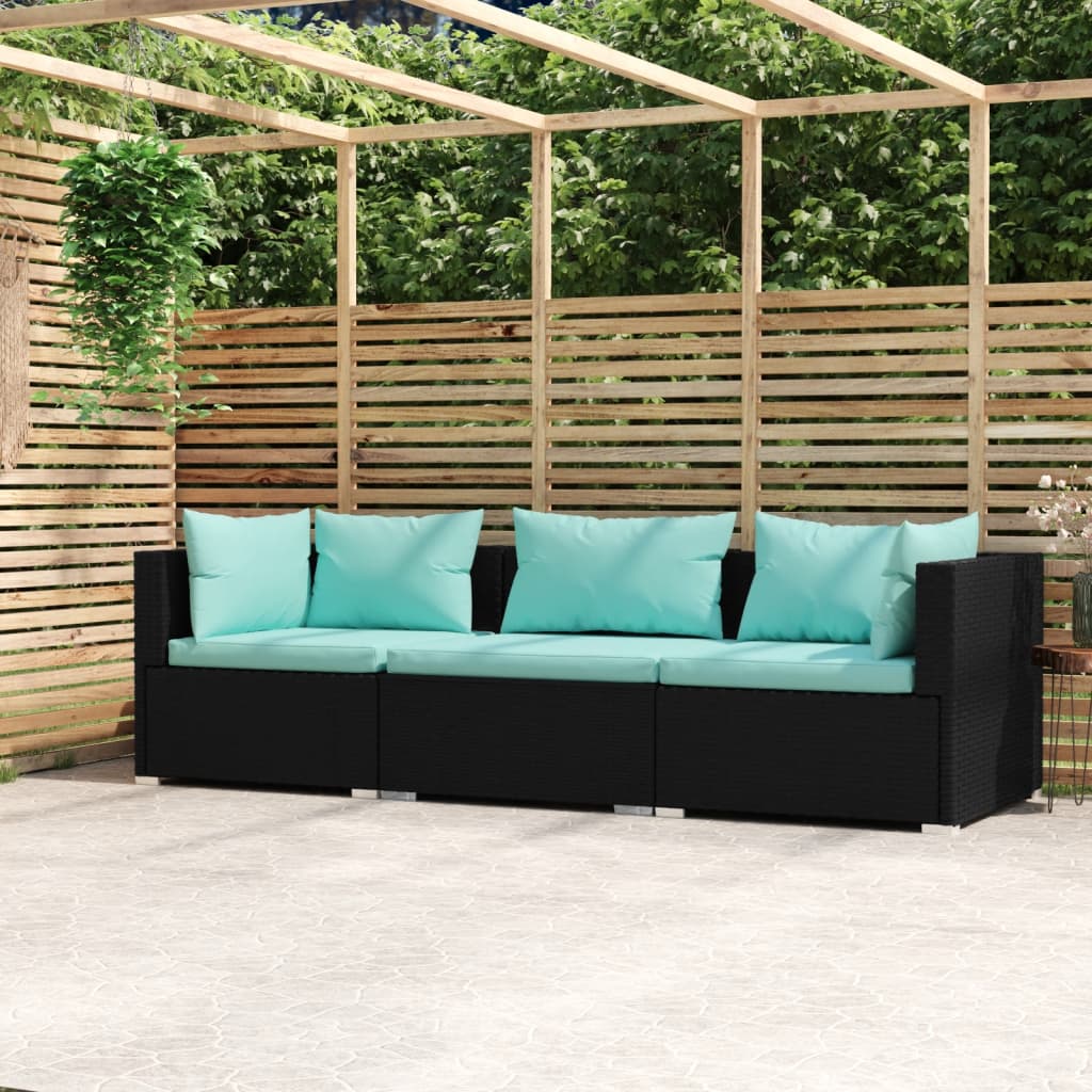 3-personers Sofa Med Hynder Polyrattan - Sort og aquablå / 2X hjørnedel + midterdel