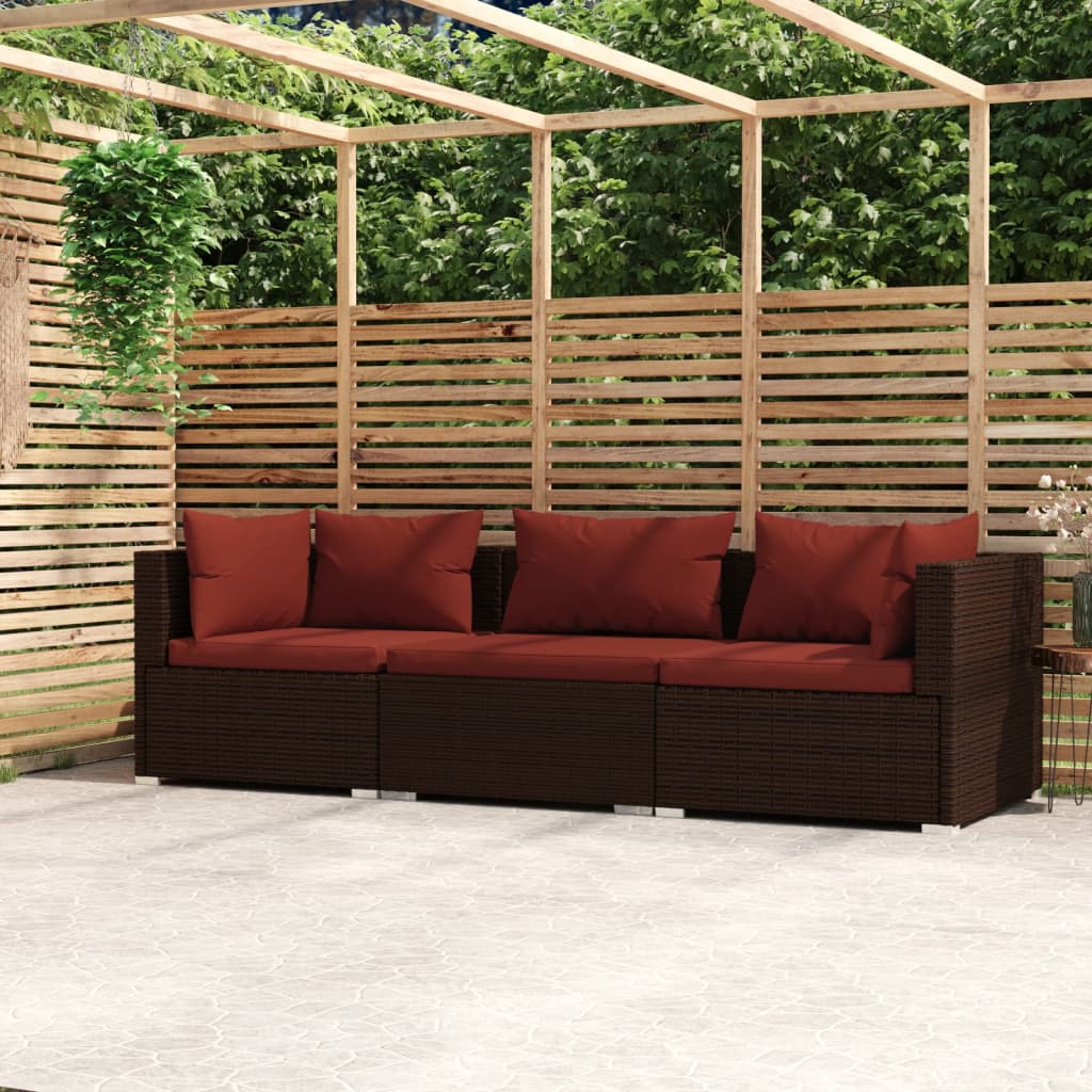 3-personers sofa med hynder i polyrattan - brun/kanelrød