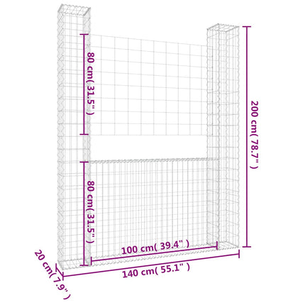 gabionkurv med 2 stolper 140x20x200 cm U-facon jern