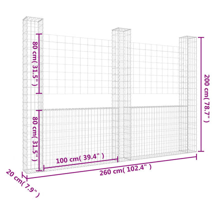 gabionkurv med 3 stolper 260x20x200 cm U-facon jern