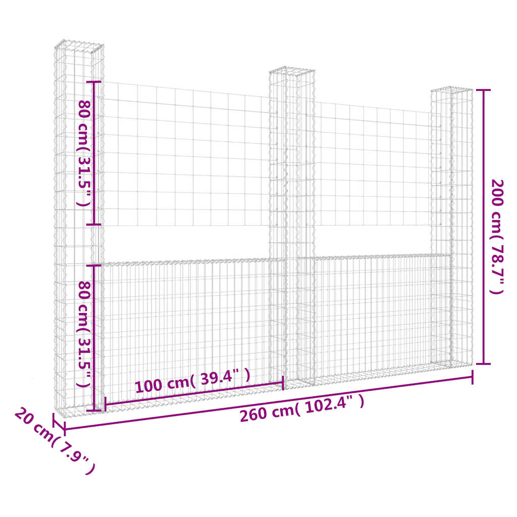 gabionkurv med 3 stolper 260x20x200 cm U-facon jern