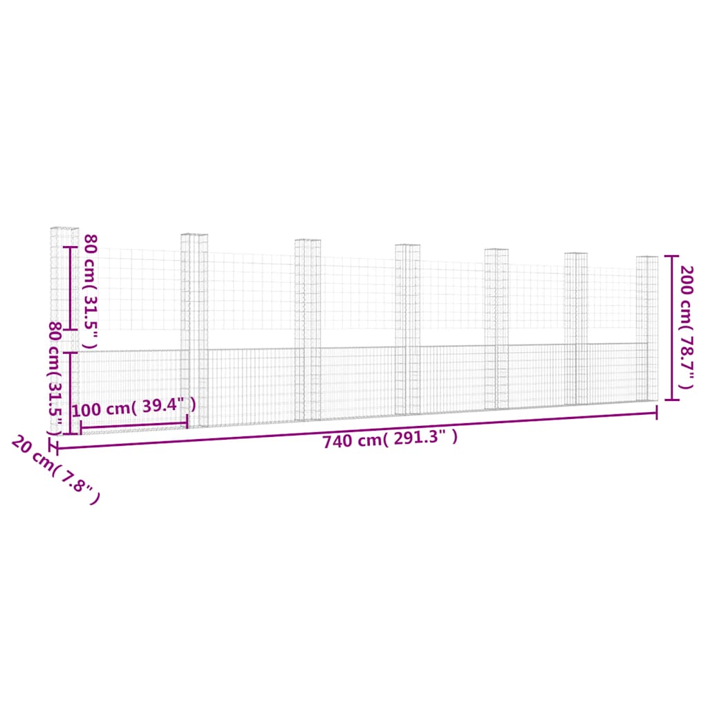 gabionkurv med 7 stolper 740x20x200 cm U-facon jern