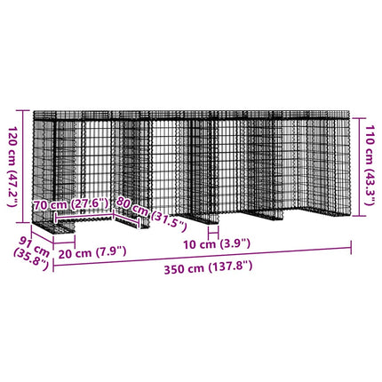 gabionvæg til skraldespand 350x91x120 cm galvaniseret jern