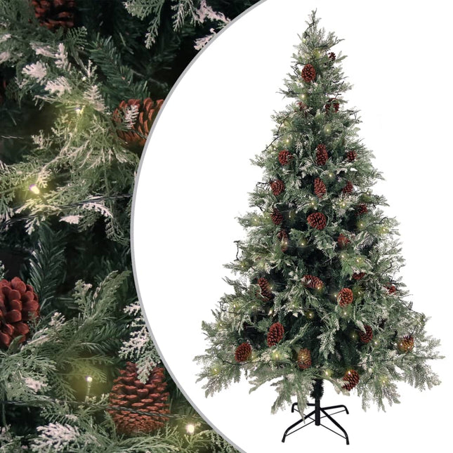 juletræ med grankogler og lys PVC og PE 195 cm grøn og hvid