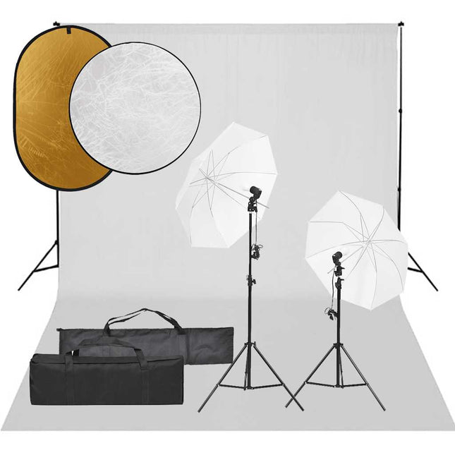 fotostudiesæt med lampesæt + baggrund og reflektor