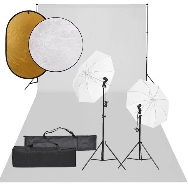 fotostudiesæt med lampesæt + baggrund og reflektor