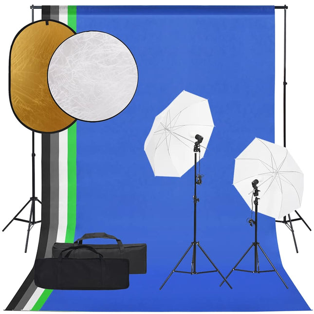 fotostudiesæt med lampesæt + baggrund og reflektor