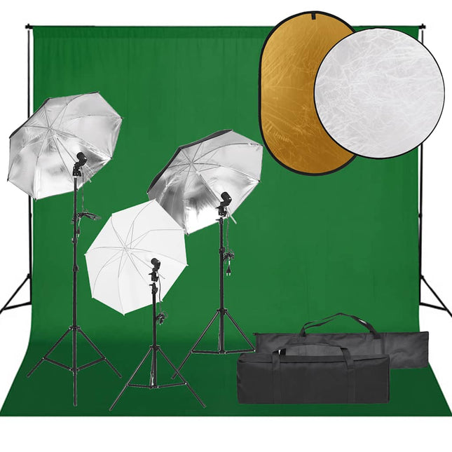 fotostudiesæt med lampesæt + baggrund og reflektor