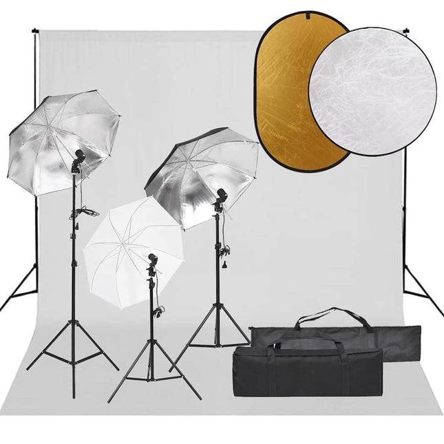 fotostudiesæt med lampesæt + baggrund og reflektor