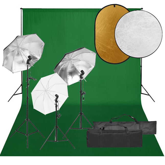 fotostudiesæt med lampesæt + baggrund og reflektor