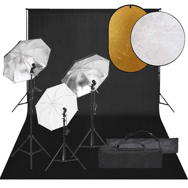 fotostudiesæt med lampesæt + baggrund og reflektor