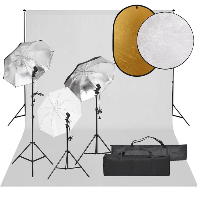 fotostudiesæt med lampesæt + baggrund og reflektor