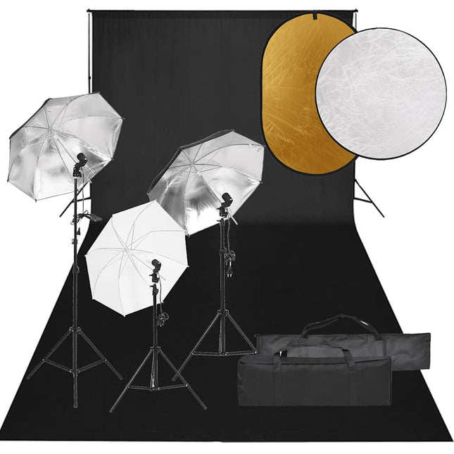 fotostudiesæt med lampesæt + baggrund og reflektor