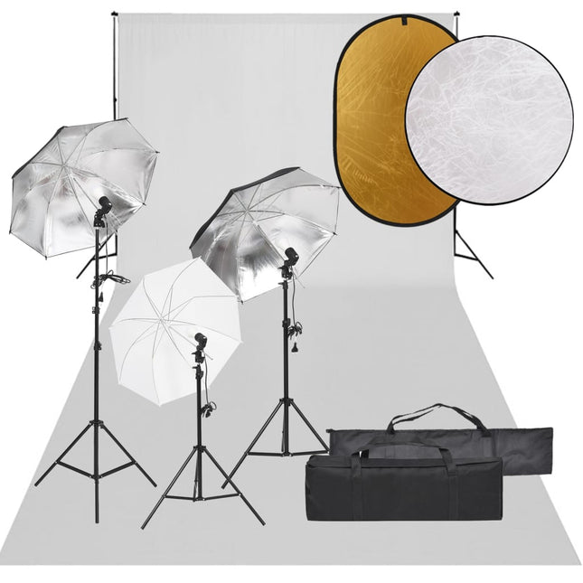 fotostudiesæt med lampesæt + baggrund og reflektor