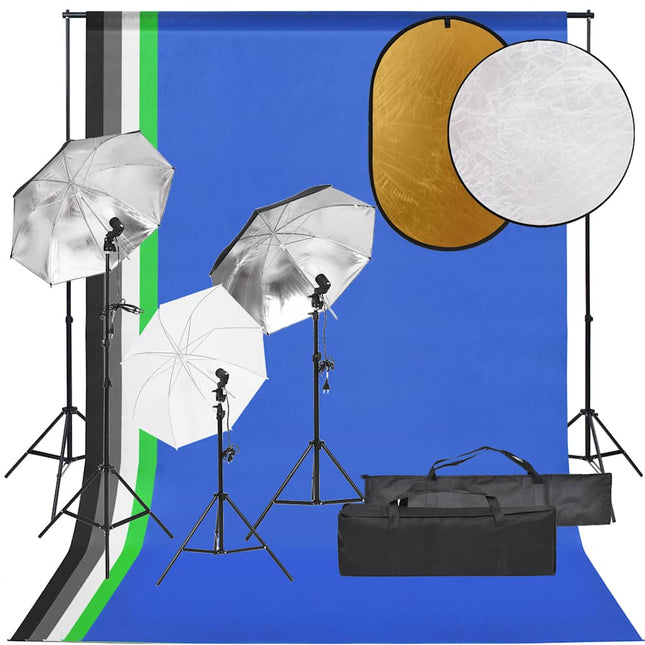 fotostudiesæt med lampesæt + baggrund og reflektor