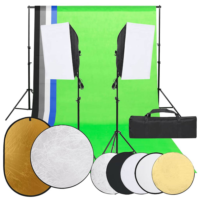 fotostudiesæt med lampesæt + baggrund og reflektor