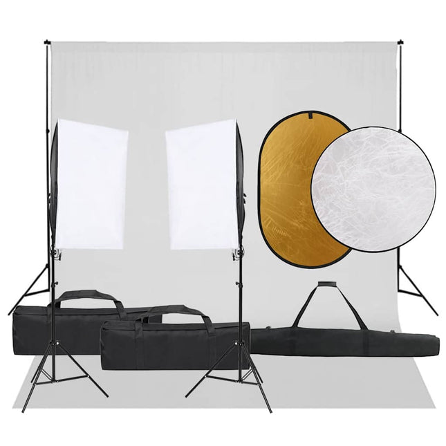 fotostudiesæt med lampesæt + baggrund og reflektor