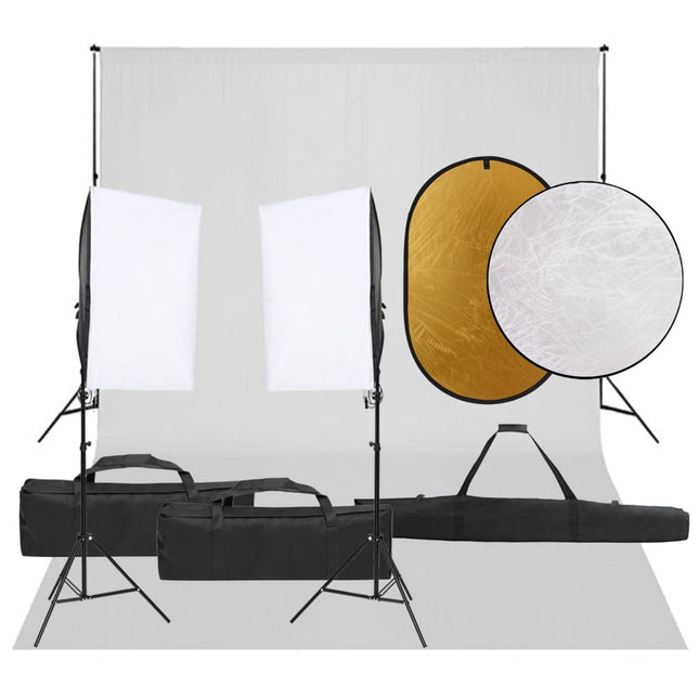 fotostudiesæt med lampesæt + baggrund og reflektor