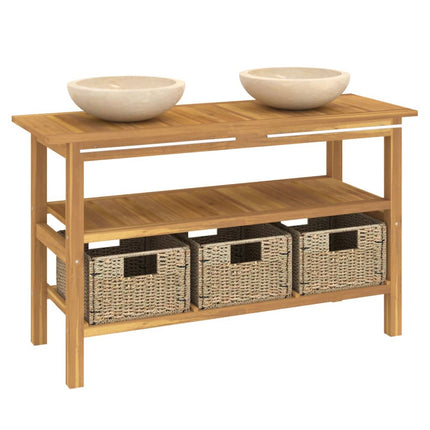 badeværelsesskab med cremefarvede håndvaske marmor massivt teak