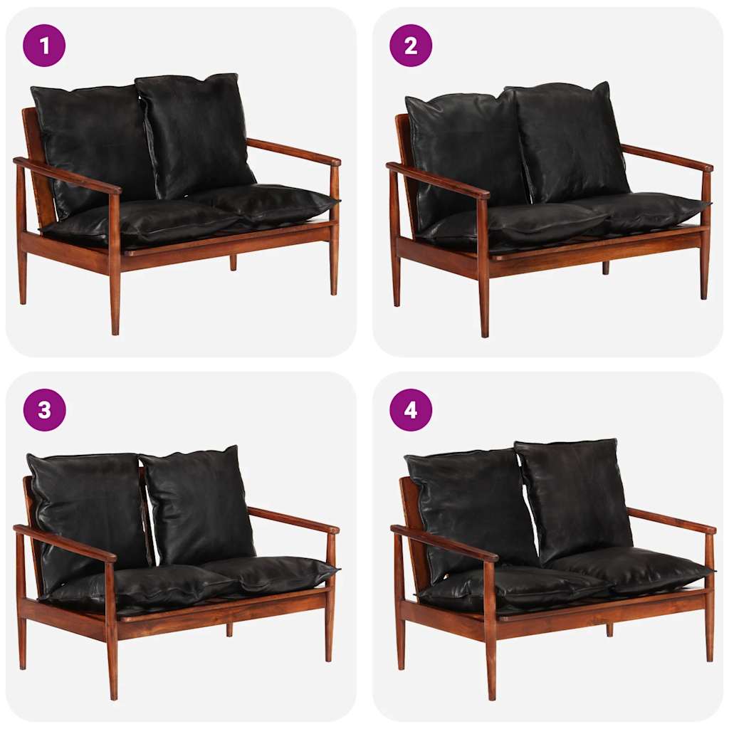 2-personers sofa ægte læder og massivt akacietræ sort