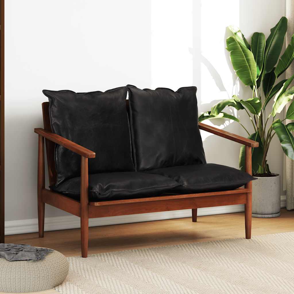 2-personers sofa ægte læder og massivt akacietræ sort