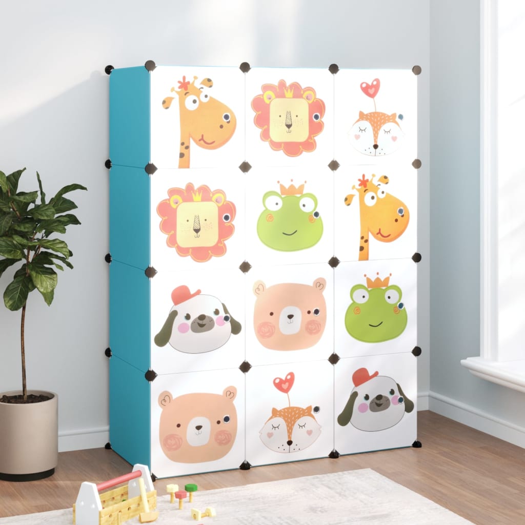 opbevaringsreol til børn 12 kubeformede kasser PP blå