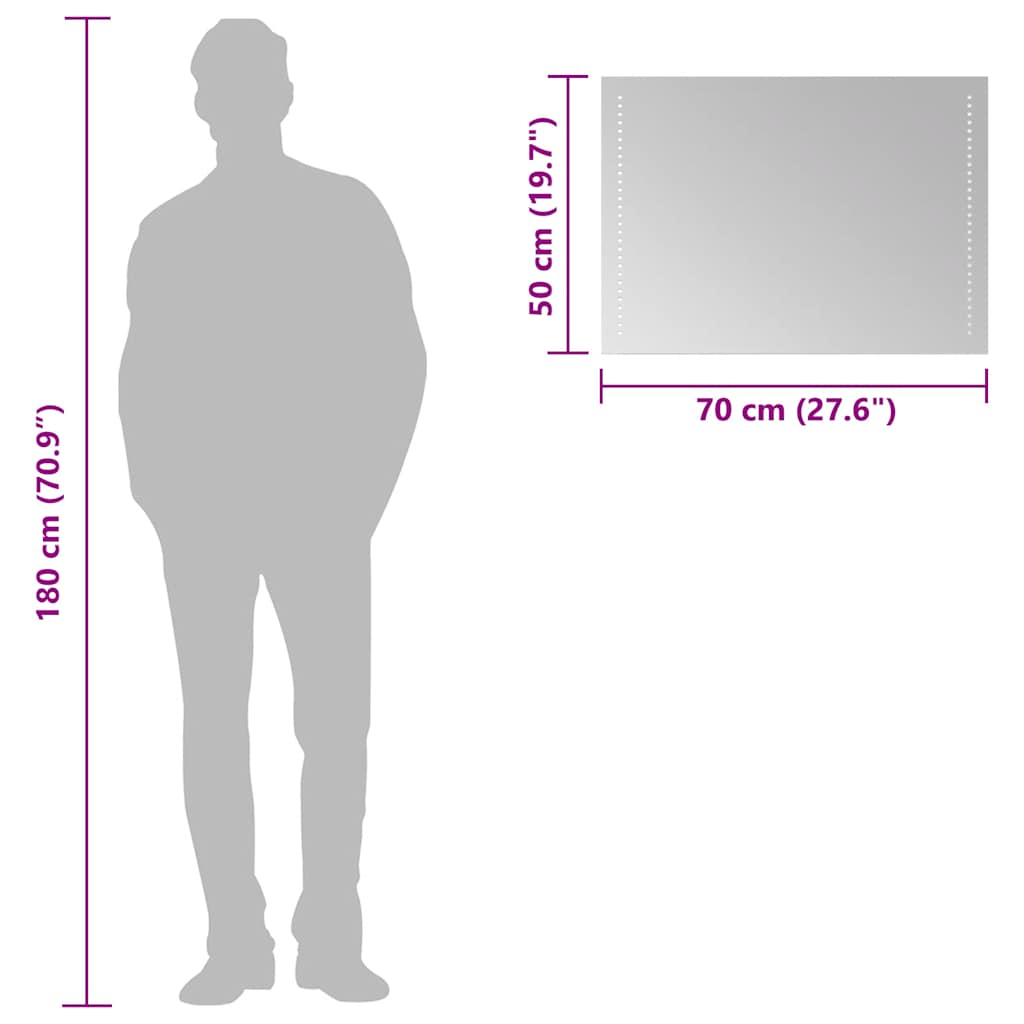 badeværelsesspejl med LED-lys 70x50 cm