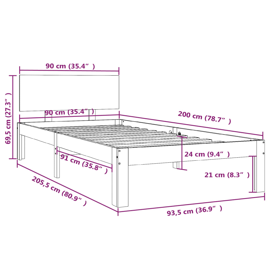 sengeramme 90x200 cm massivt fyrretræ gyldenbrun