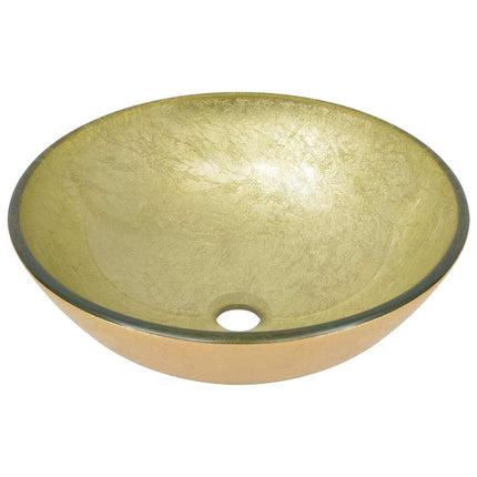 håndvask til badeværelse m. hane og bundventil hærdet glas guld