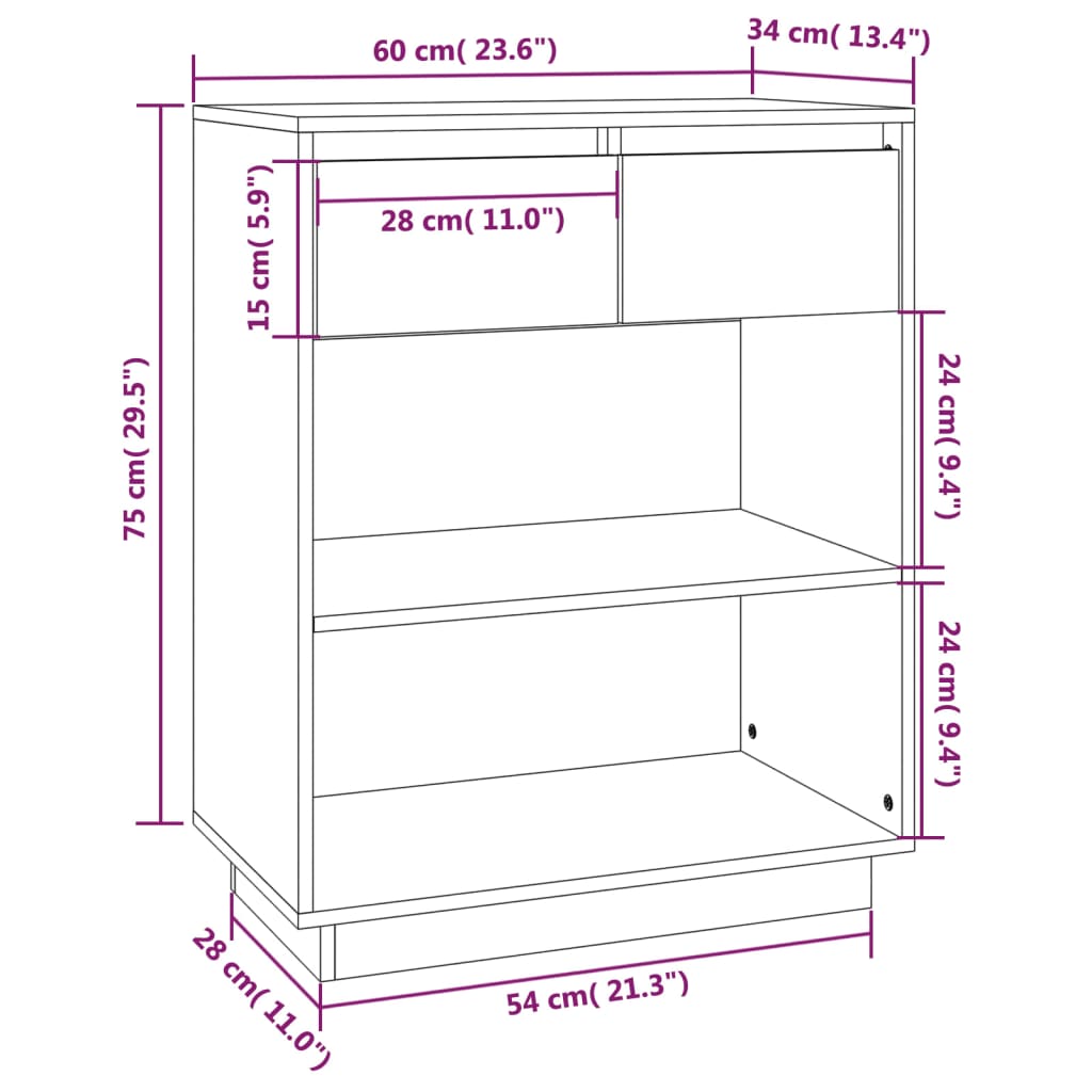 konsolskab 60x34x75 cm massivt fyrretræ hvid