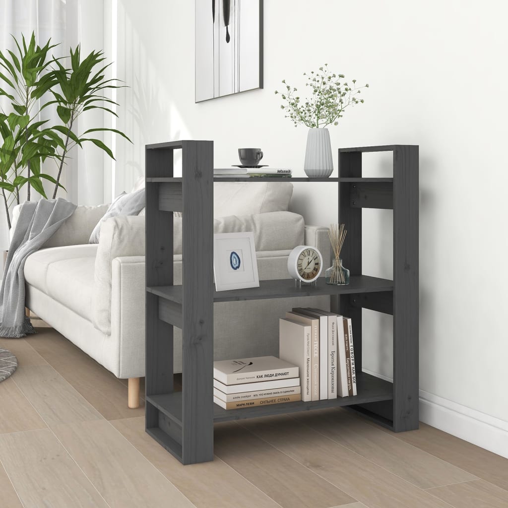 bogreol/rumdeler 80x35x91 cm massivt fyrretræ grå
