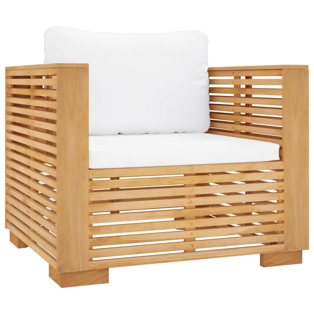 sofastol til haven med cremefarvede hynder massivt teak