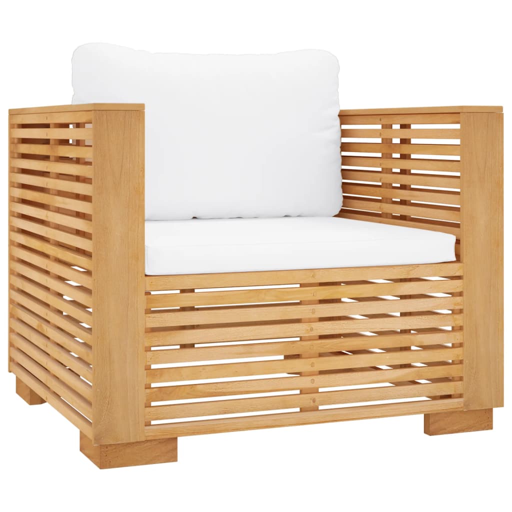 sofastol til haven med cremefarvede hynder massivt teak
