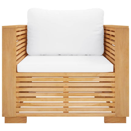 sofastol til haven med cremefarvede hynder massivt teak