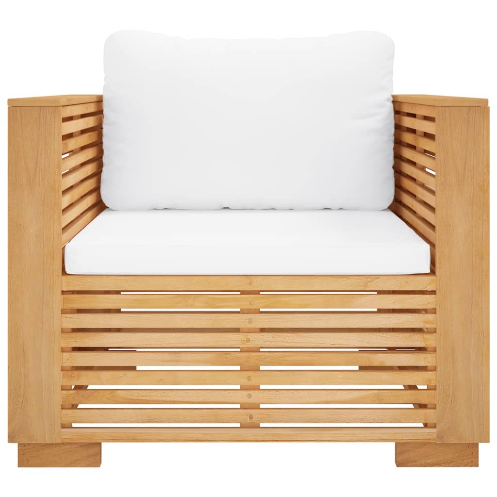 sofastol til haven med cremefarvede hynder massivt teak