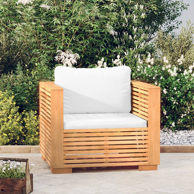 sofastol til haven med cremefarvede hynder massivt teak
