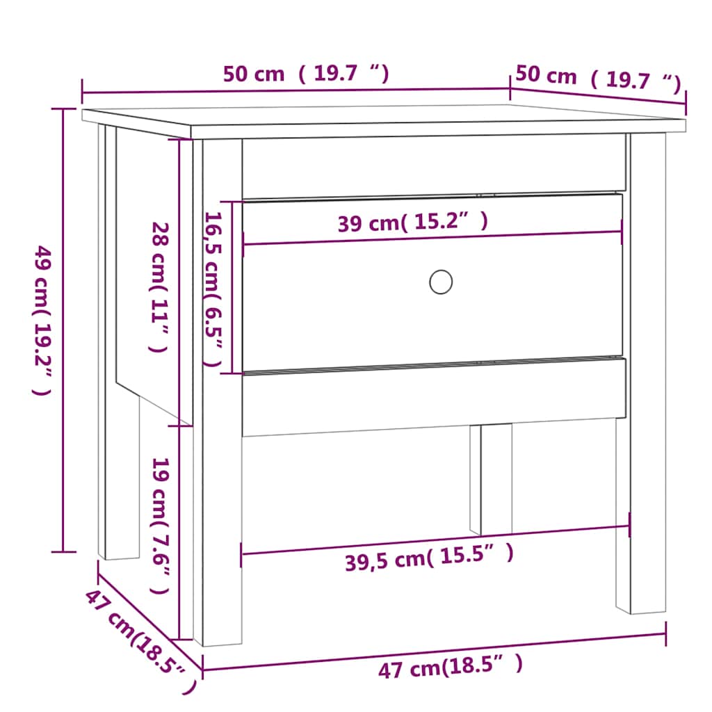 sidebord 50x50x49 cm massivt fyrretræ sort