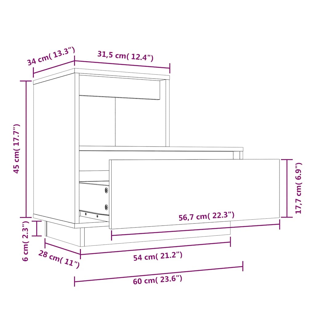 sengebord 60x34x51 cm massivt fyrretræ hvid