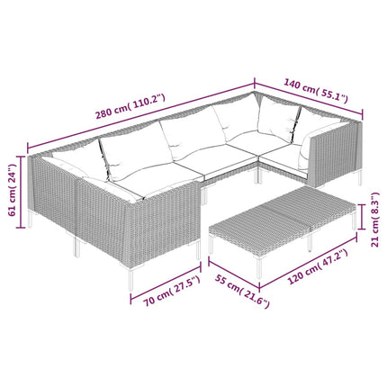 loungesæt til haven 7 dele med hynder polyrattan mørkegrå