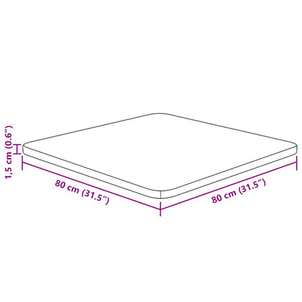 firkantet bordplade 80x80x1,5 cm ubehandlet massivt egetræ